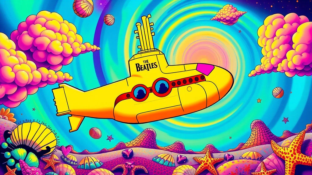 Psychedelic Beatles Submarine in Dreamlike Landscape