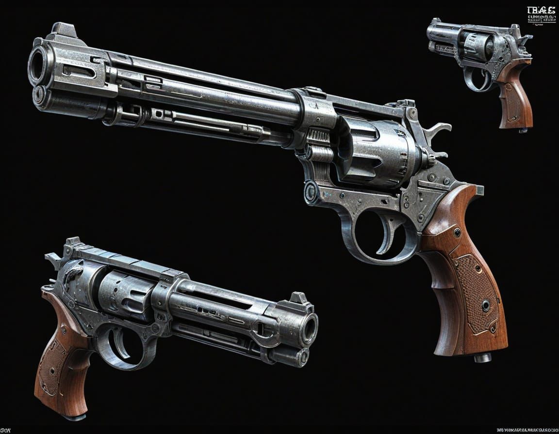 gun diagram, gun blueprint, gun schematic, gun map, Western gun, diesel-punk, black background, clear image, clear detai...