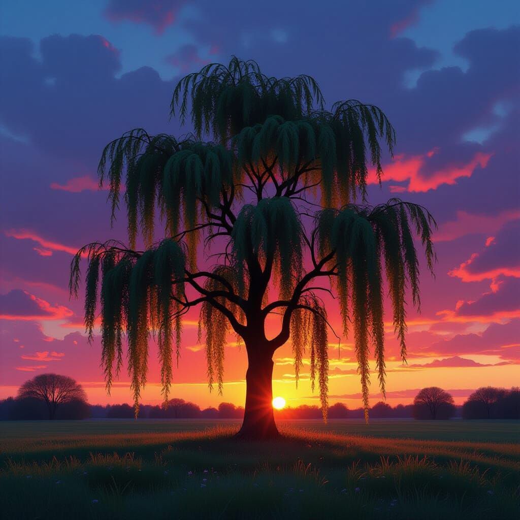 Weeping Willow Against Vibrant Sunset Splash Art