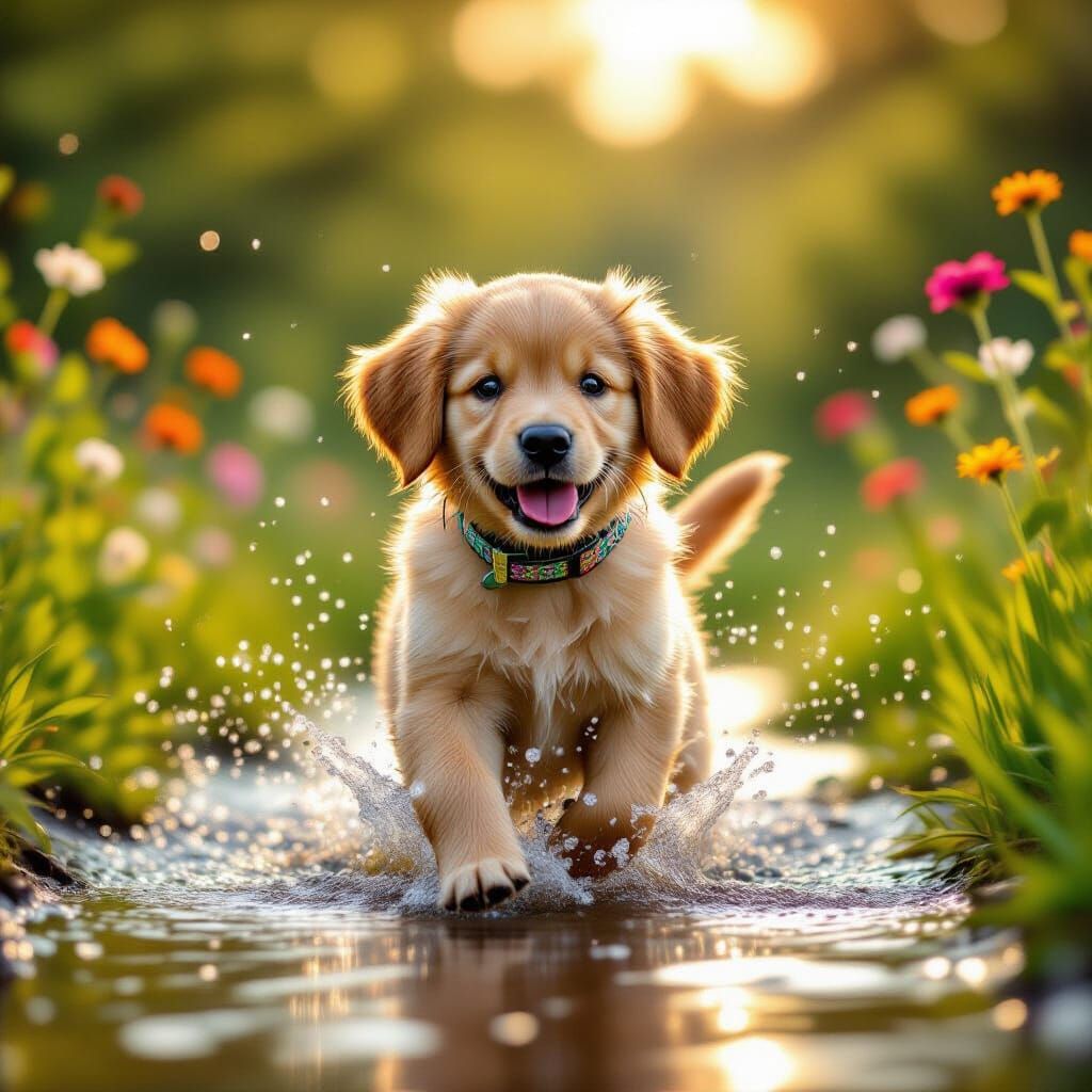 Golden Retriever Puppy Splashing, Hyperrealistic 3D Render