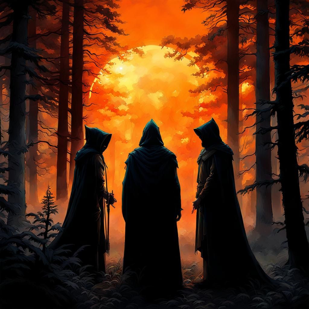 Hooded Figures Meeting in Dark Forest, Expressionist Oil Pai...