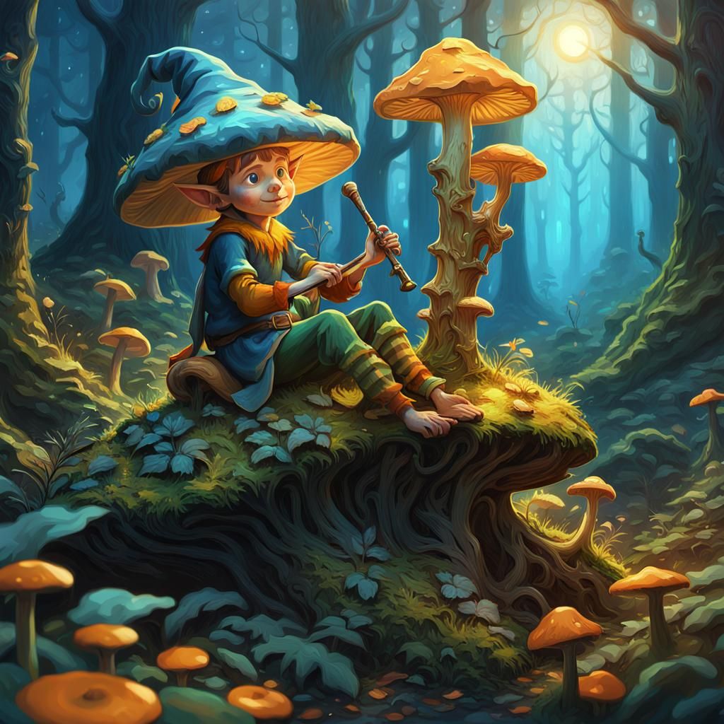Mischievous Elf Playing Flute in Enchanted Forest