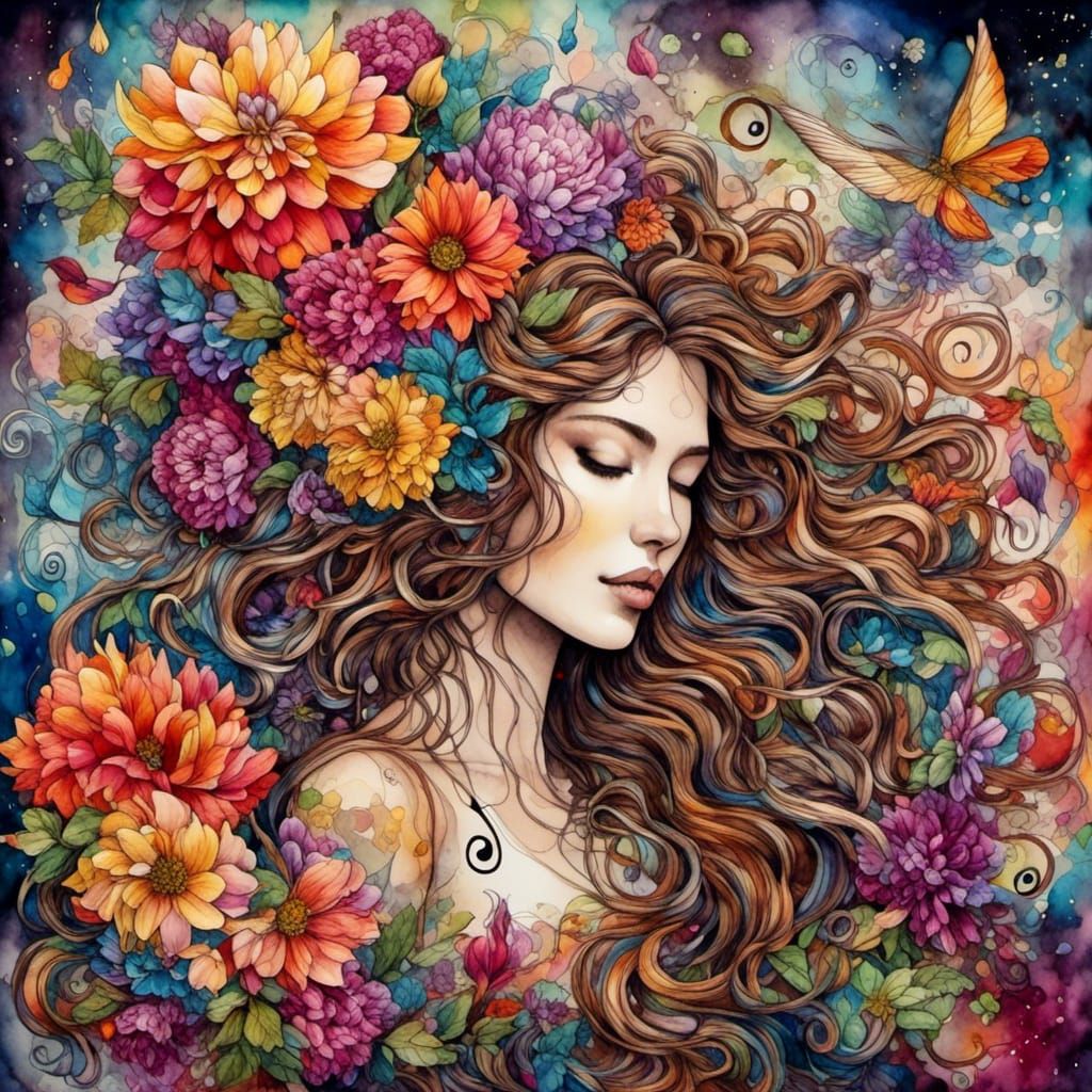 Surreal Fantasy Woman with Flowers and Music