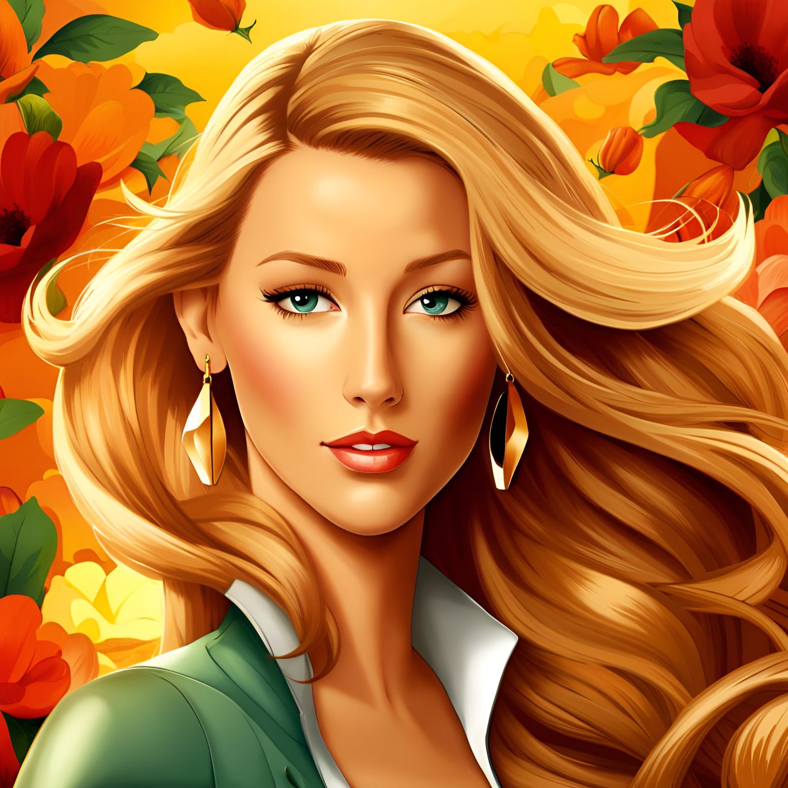 Cartoon Portrait of Blake Lively with Beautiful Backdrop