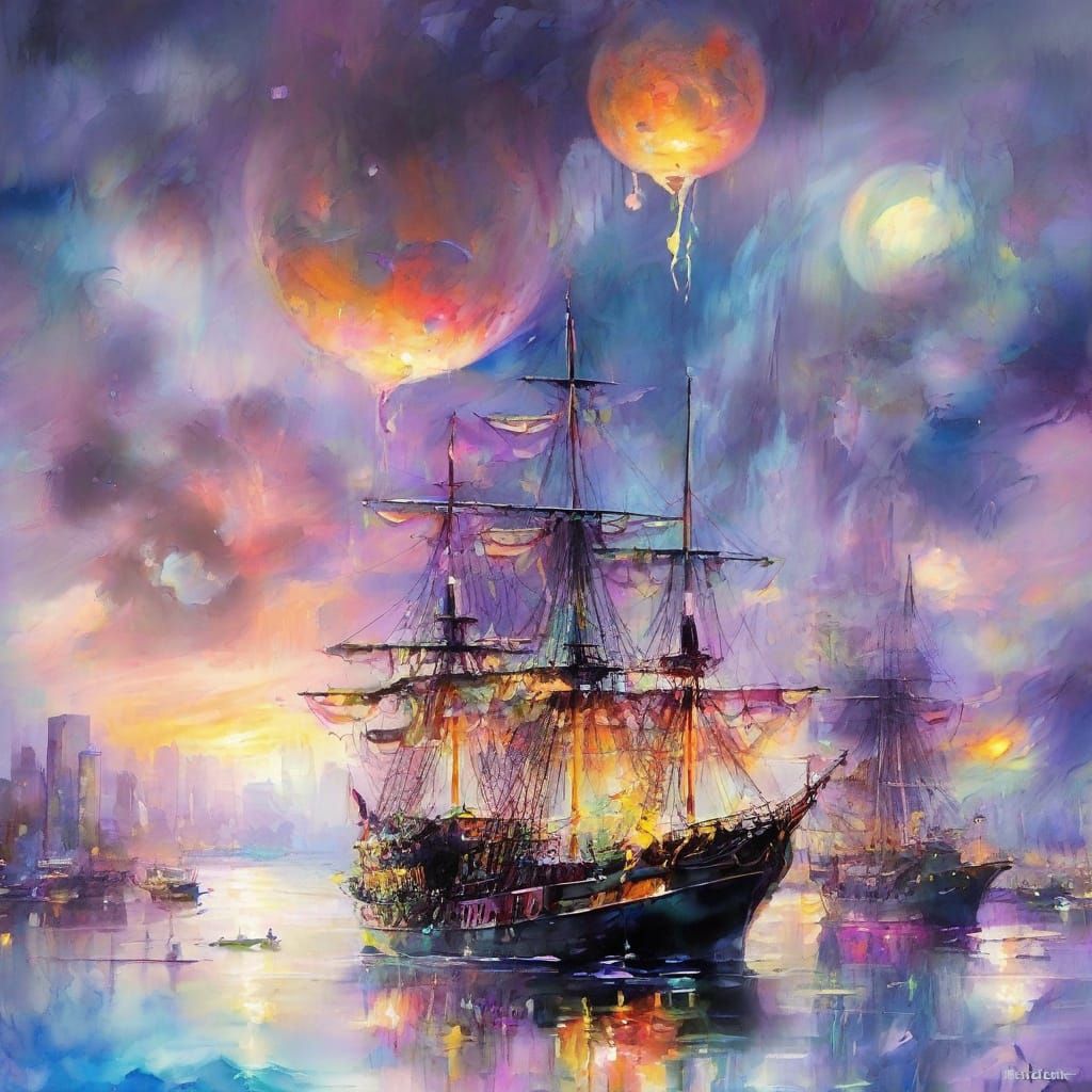 Dreamscape Harbor with Ships in Luminous Watercolor