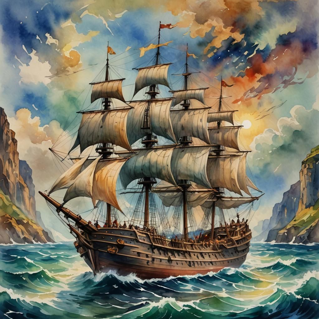 Narnia's Dawntreader Ship in Gouache Watercolor Style