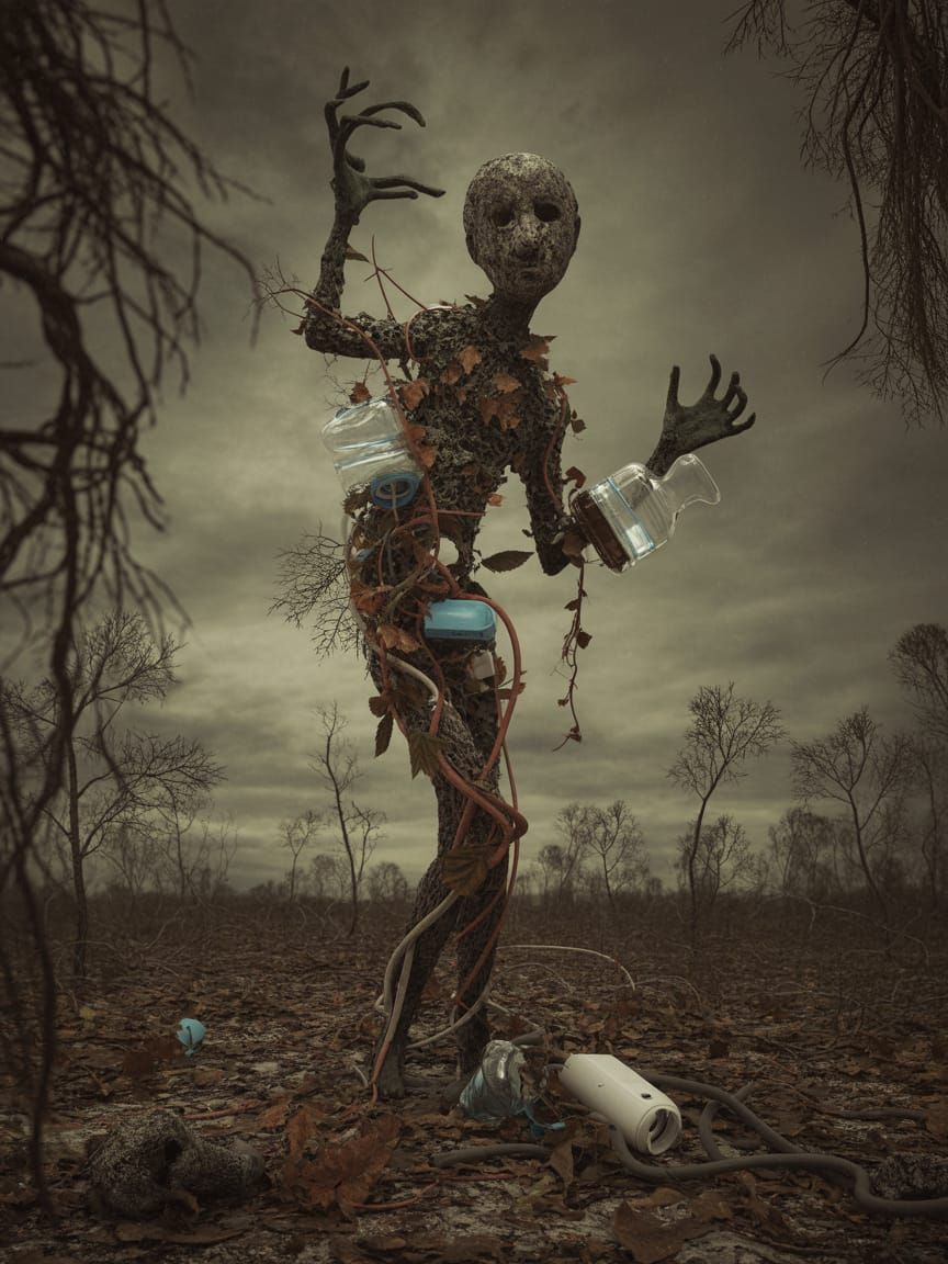 Surreal Figure of Ecophobia Made of Nature and Waste