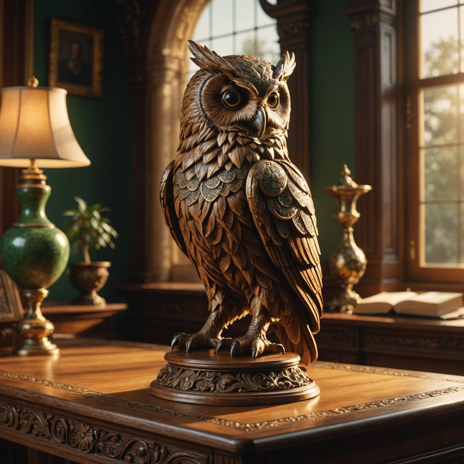 Majestic Owl Wood Carving in Golden Hour Lighting
