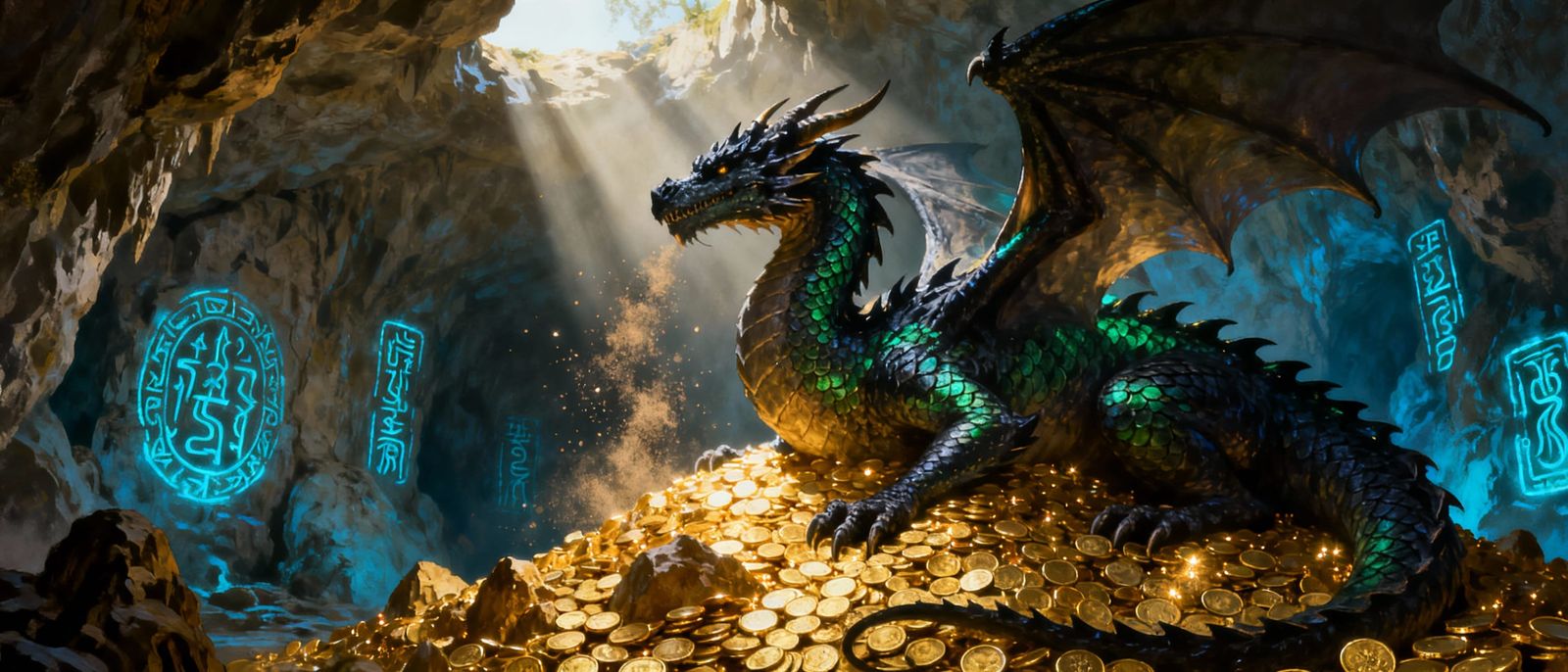 Majestic Dragon Guards Treasure Hoard in Hidden Cavern