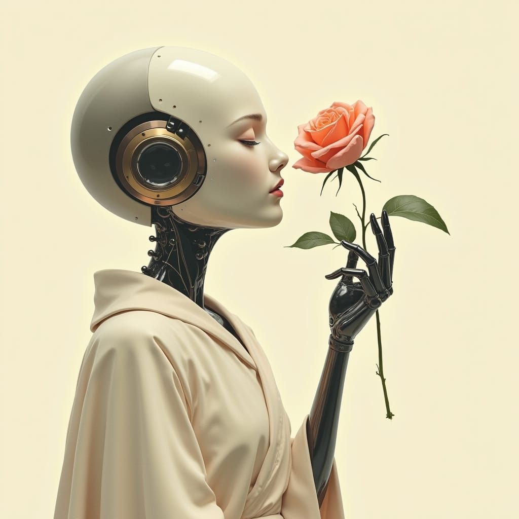 Robot in White Robe Inhales Rose Fragrance