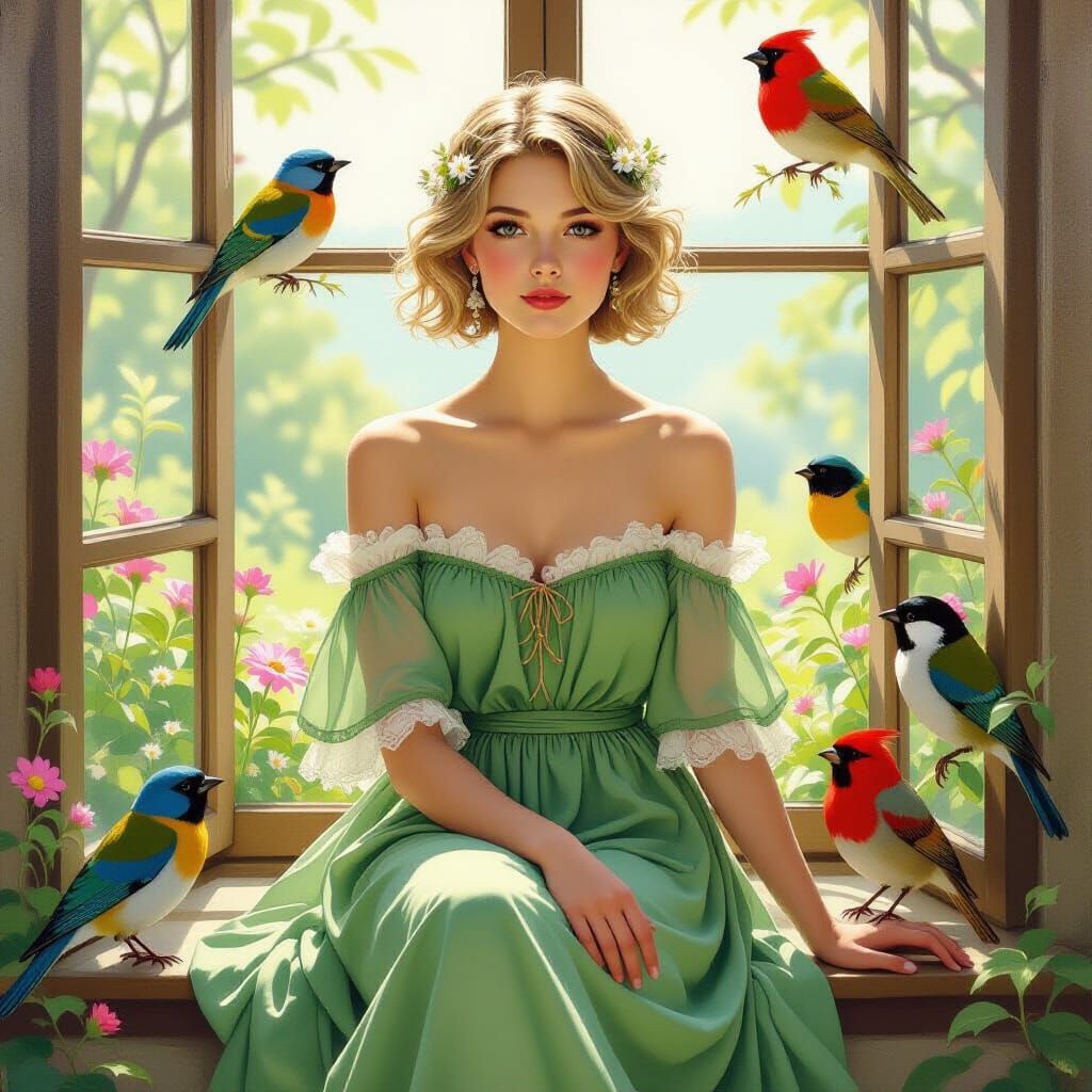 Woman Surrounded by Birds in Art Nouveau Style