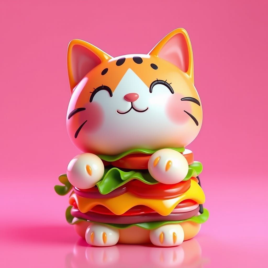 Adorable Gummy Burger Cat in 3D Anime Style