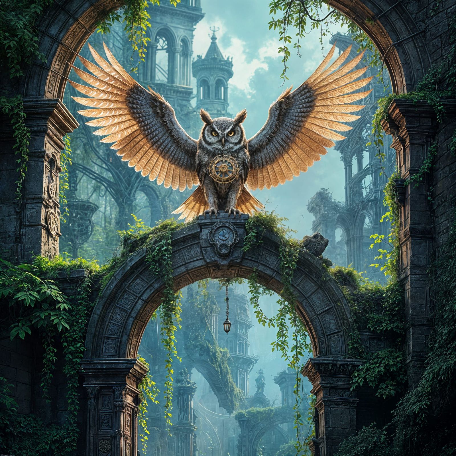 Clockwork Owl on Ancient Archway in Bioluminescent City