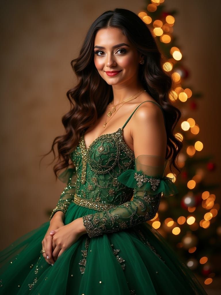 Festive Woman in Elegant Christmas Gown