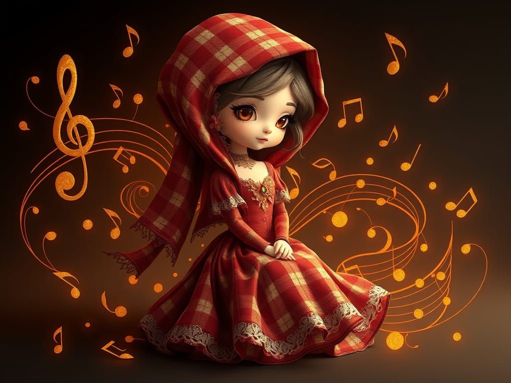Steampunk Chibi Goddess in Whimsical Musical Landscape