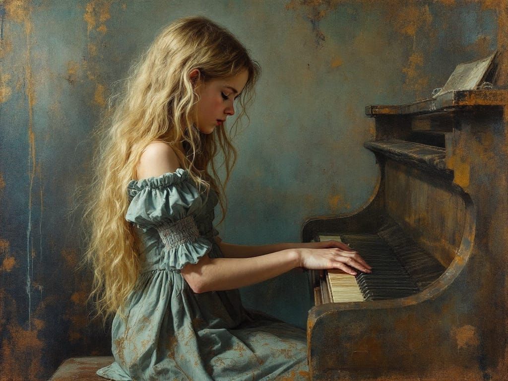 Girl Playing Piano in Luminous, Textured Style