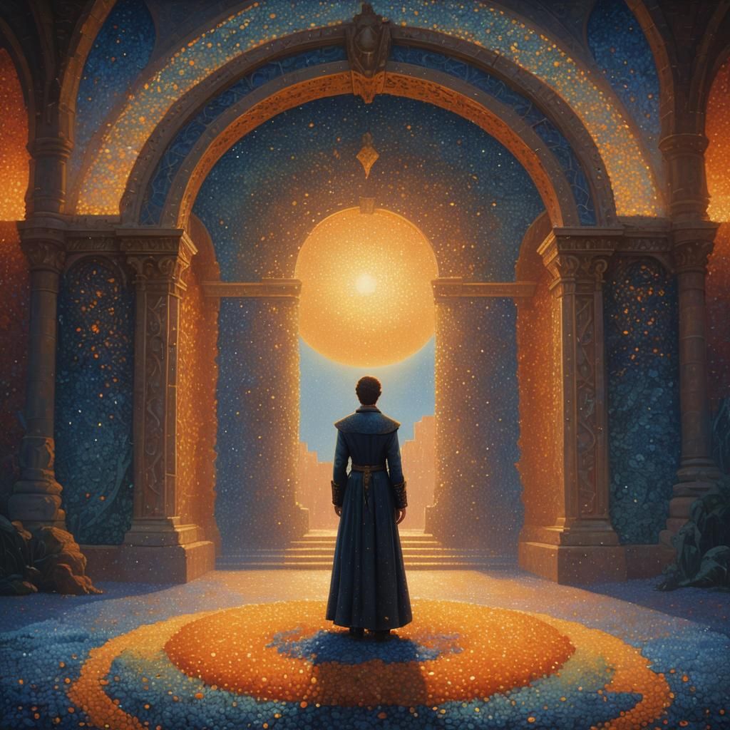 Regal Figure at Mystical Realm in Pointillism Style