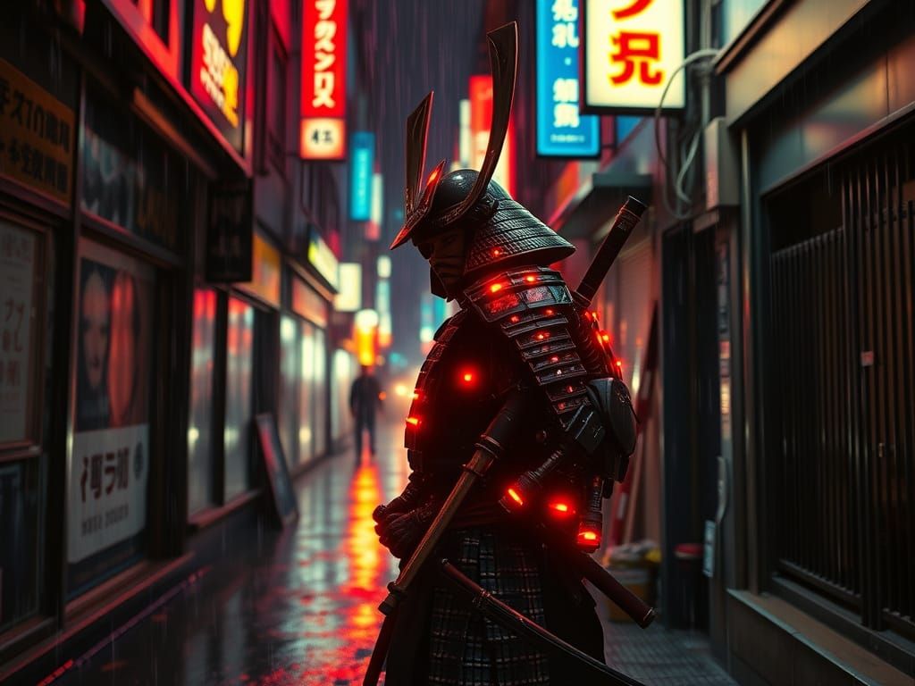 Cyberpunk Samurai in Neon Drenched Streets
