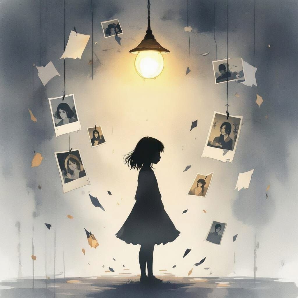 Emotive Watercolor Silhouette of Girl Under Light