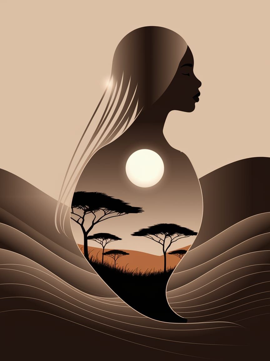 Woman's Profile With African Landscape Inside, Dreamlike Dig...