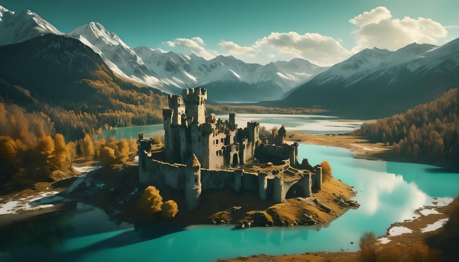 Fallen Castle by Lakeside Mountains: Cinematic Aerial View