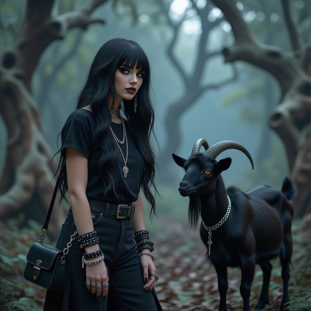 Gothic Woman with Black Goat in Dark Forest