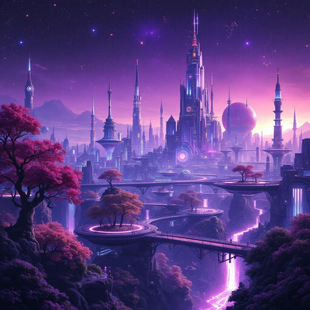 Futuristic Cityscape with Cosmic Sky, Digital Matte Painting