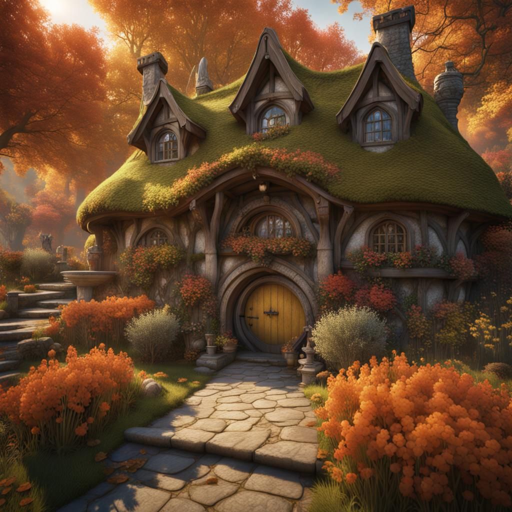 Hobbit House in Autumn Garden: Detailed Matte Painting
