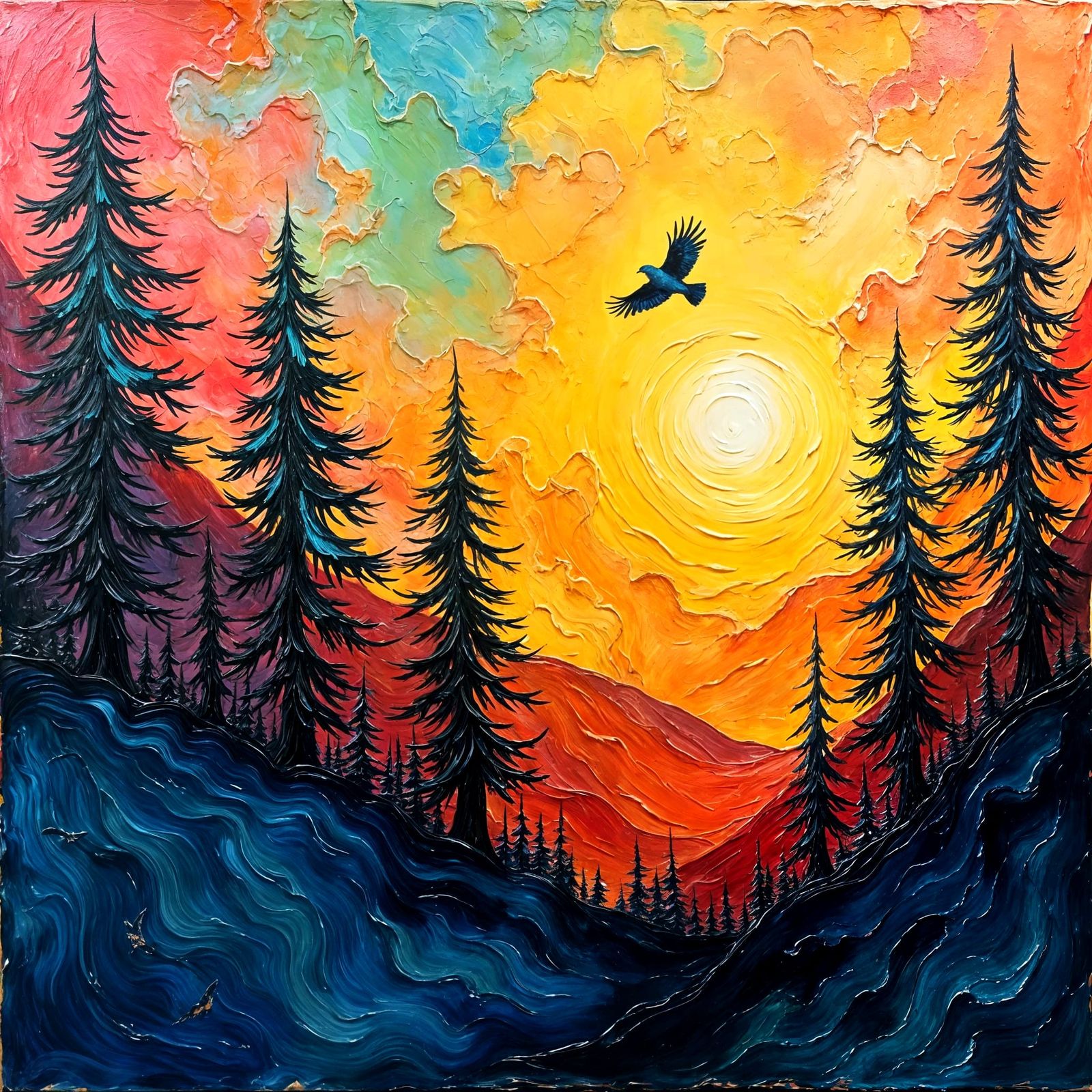 Neo-Expressionist Mountain Landscape with Bird in Flight