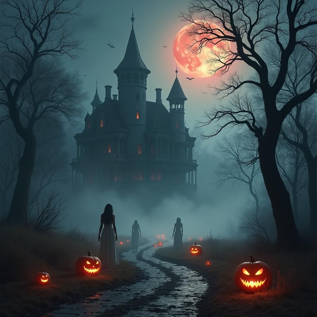 Eerie Halloween Night: Haunted Mansion in Moonlight