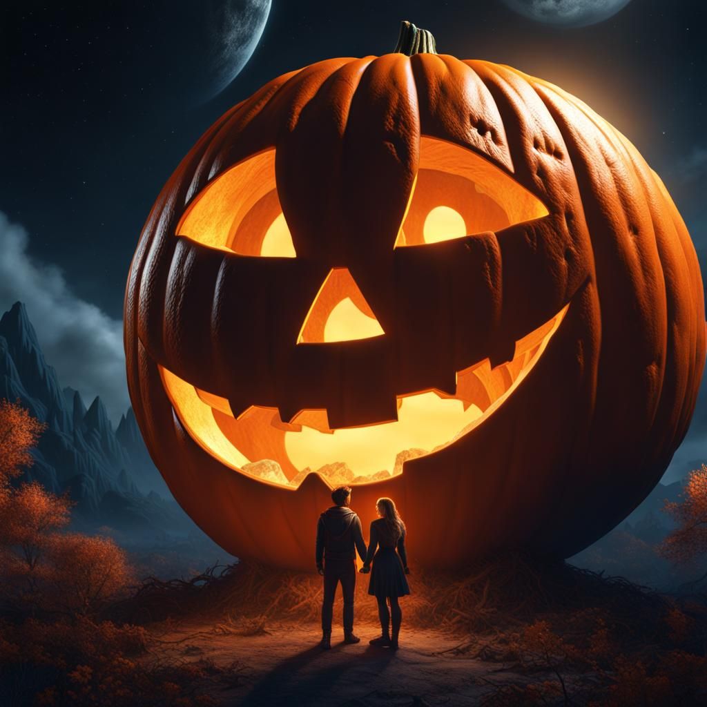 Fantasy Couple Under Jack-o'-Lantern Moon, Digital Art