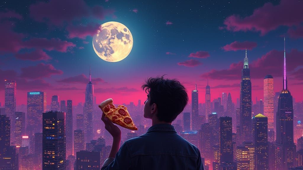 Synthwave Neon Retro Cityscape with Pizza and Moon