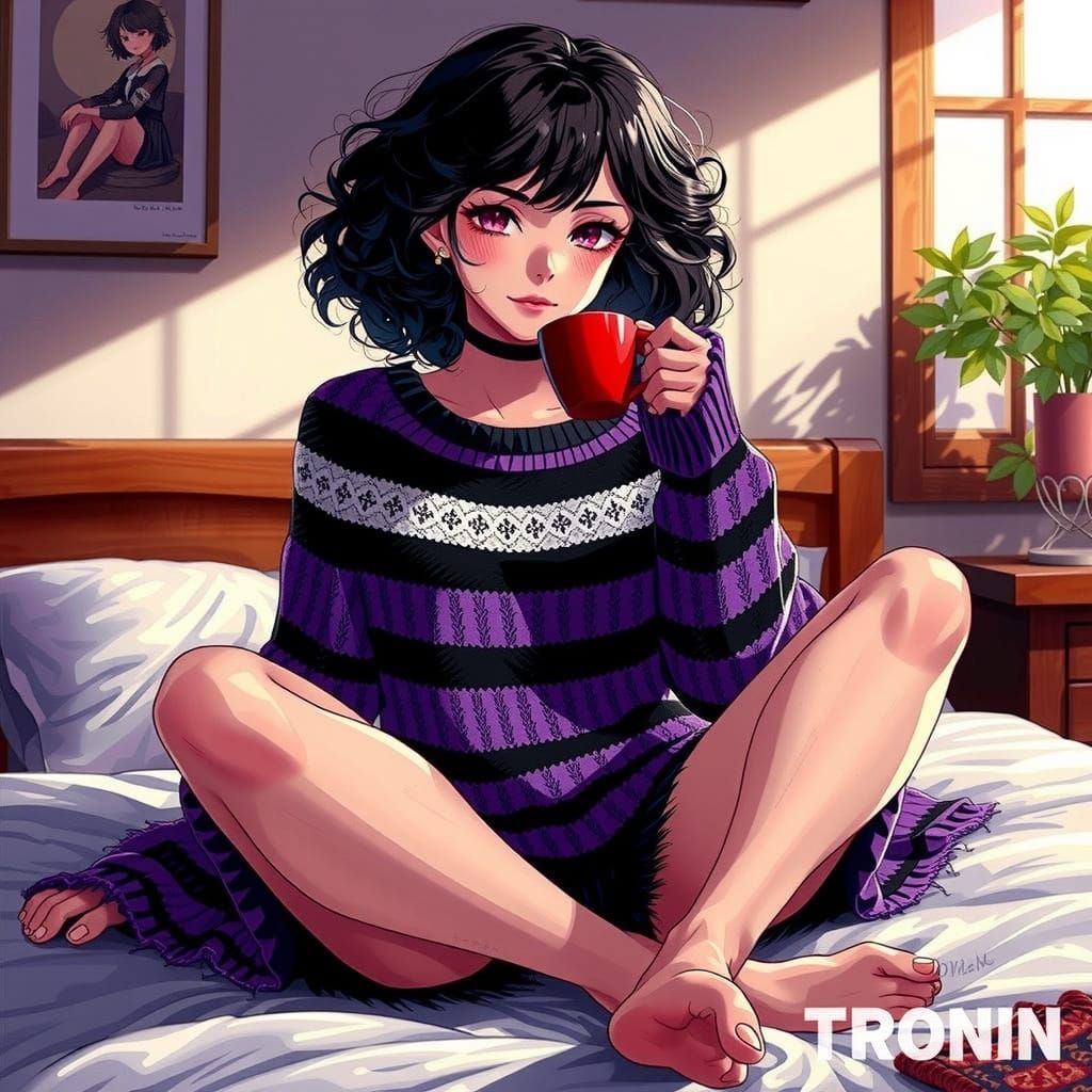 Elegant Emo Woman in Victorian-Inspired Sweater, Sipping Cof...