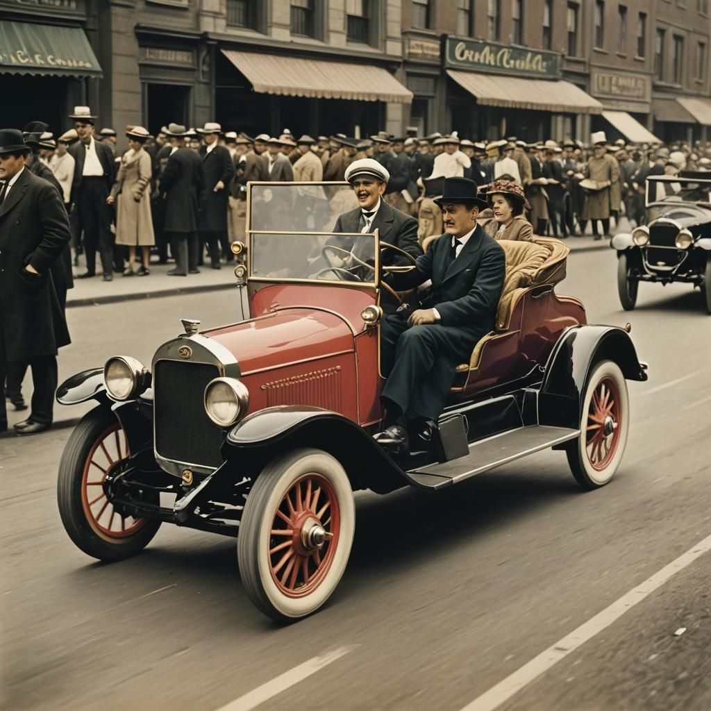 Charlot in Cadillac: Colorful Action Postcard