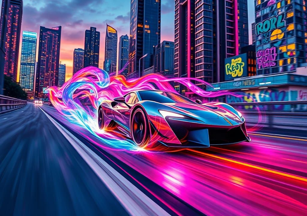 Supercar Speeds Down Neon Highway in Street Art Style