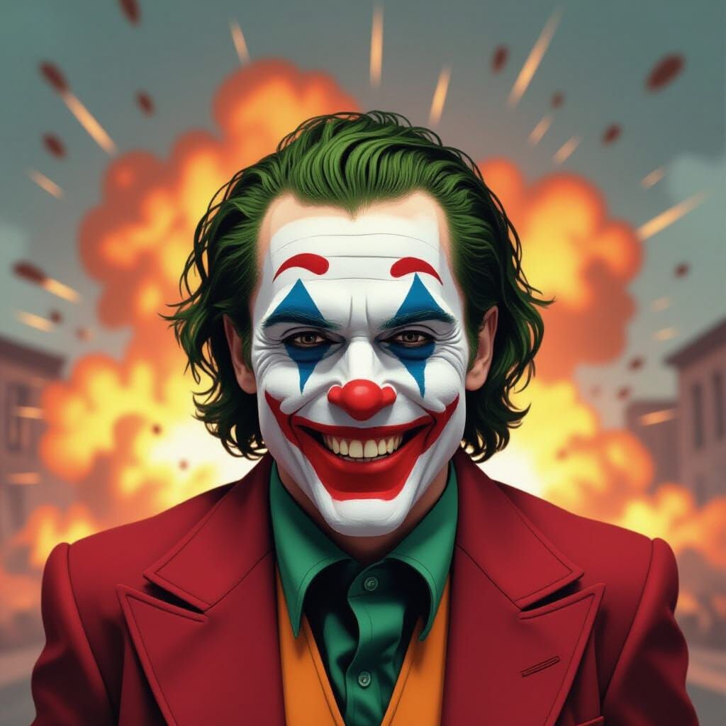 Joker's Big Smile Amidst Explosive Chaos