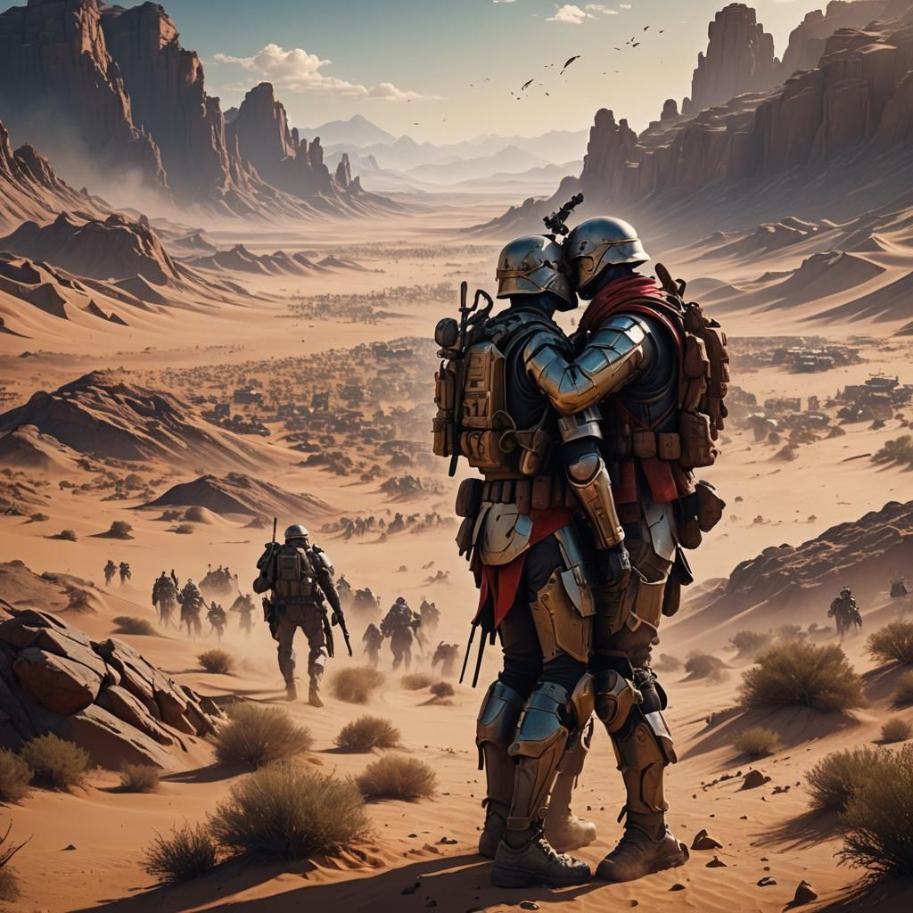 Soldiers Kissing in Desert: Detailed Matte Painting