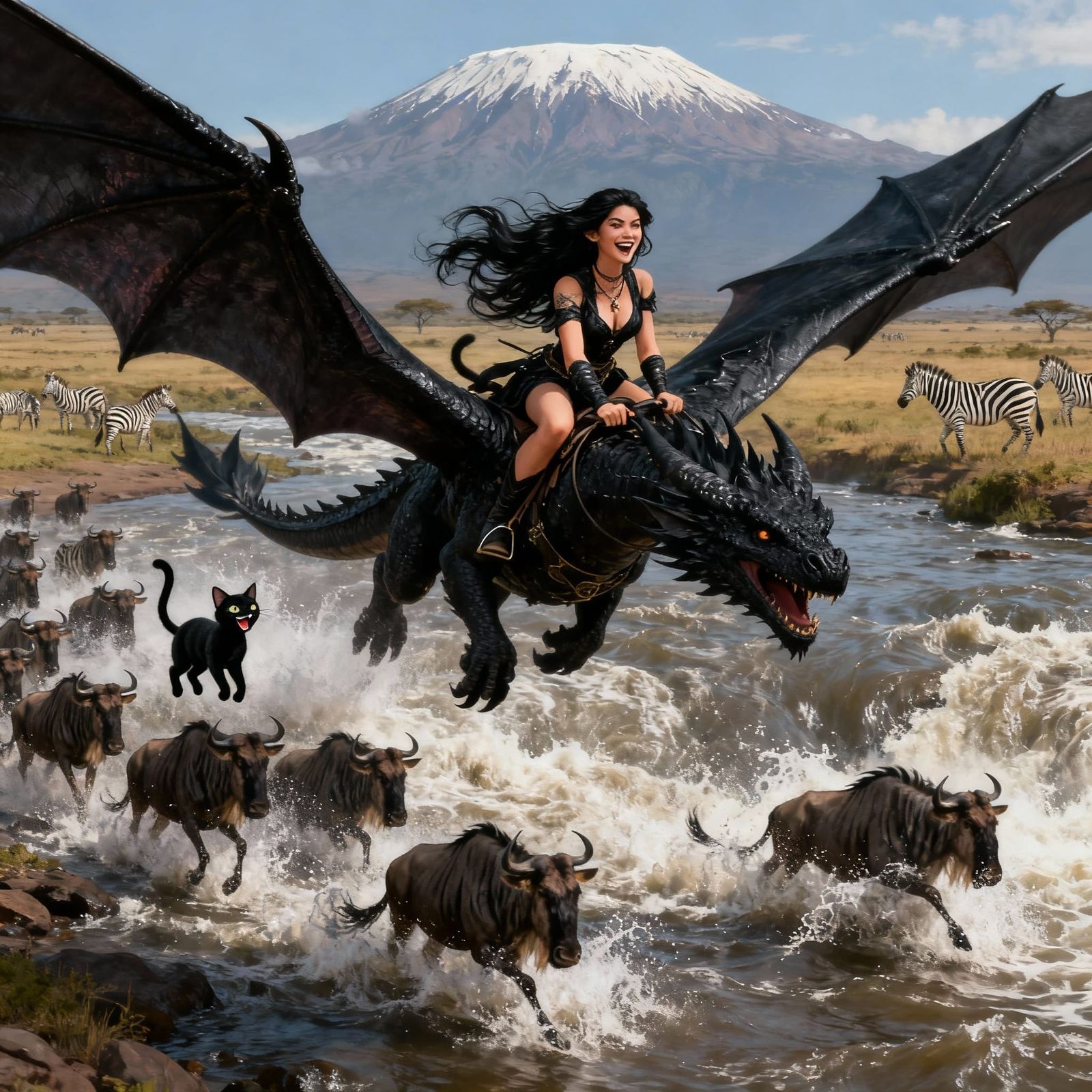 Woman Rides Dragon Over Wildebeest Herd in Fantasy Art