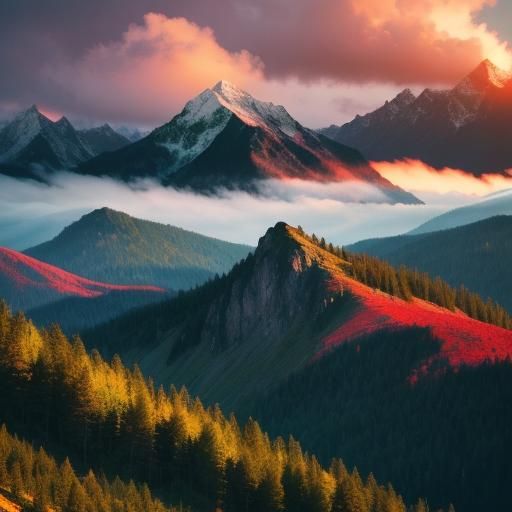 Lush Mountain Landscape in Green with Red Glimpse