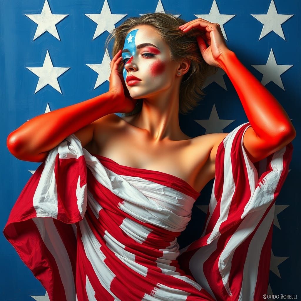 American Flag Woman in Impressionist Style