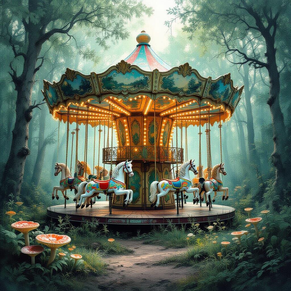 Abandoned Carousel in Mystical Forest, Vintage Illustration ...