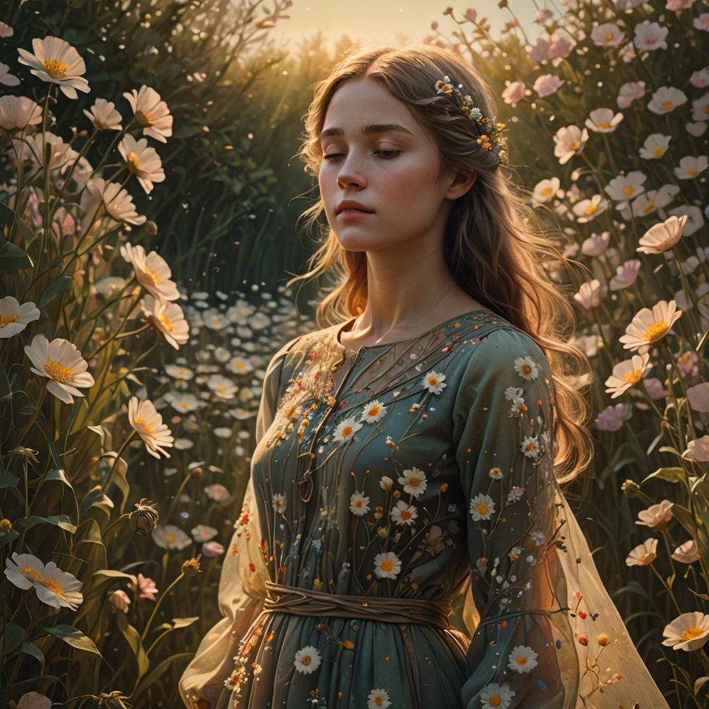 Girl in Flower Field: Beksiński-Inspired Serenity