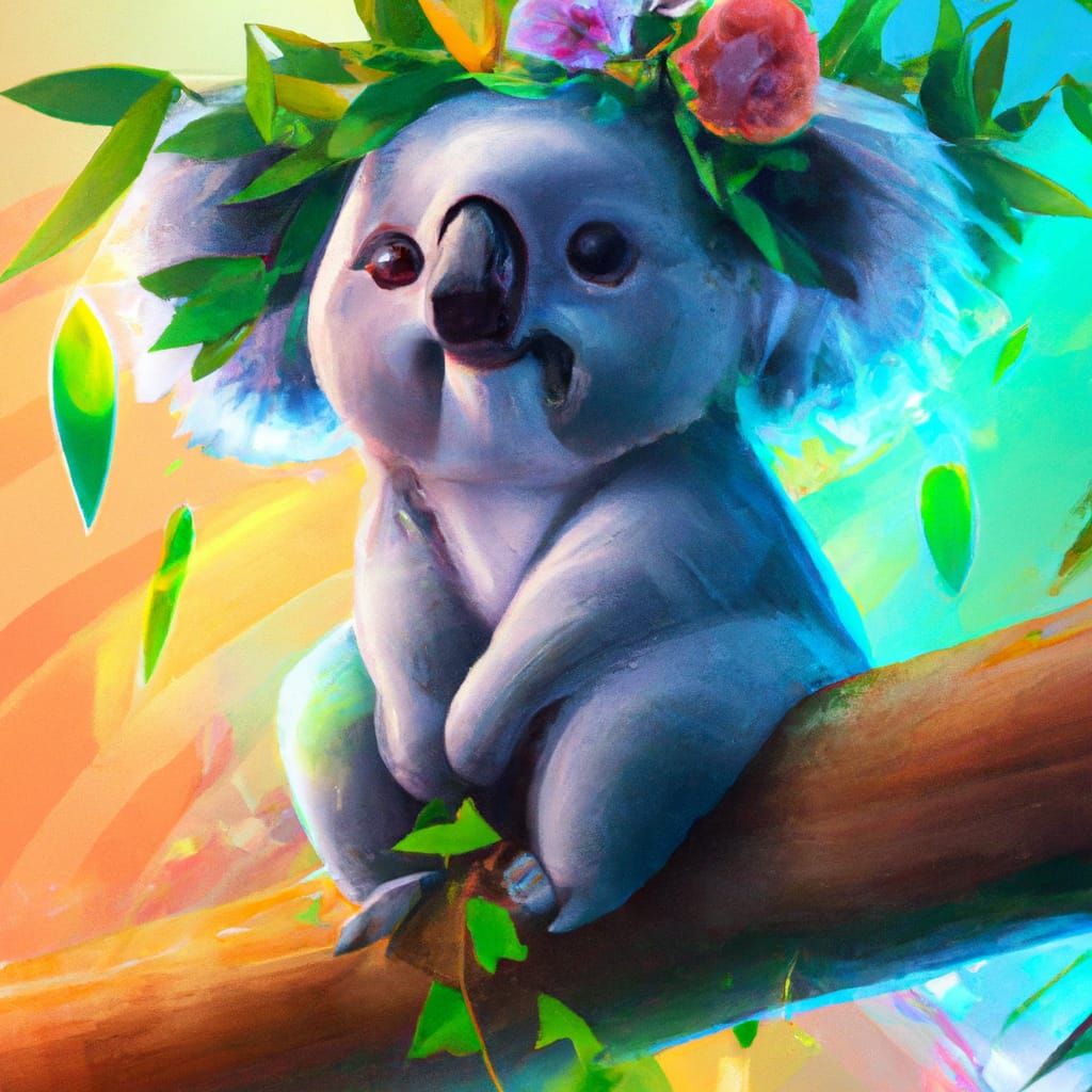 Chibi Koala with Rainbow Rose Crown, Digital Art