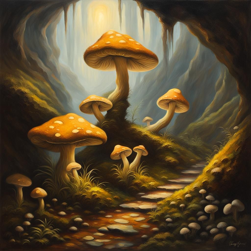 Glowing Mushrooms in Cave, Dutch Masters Style