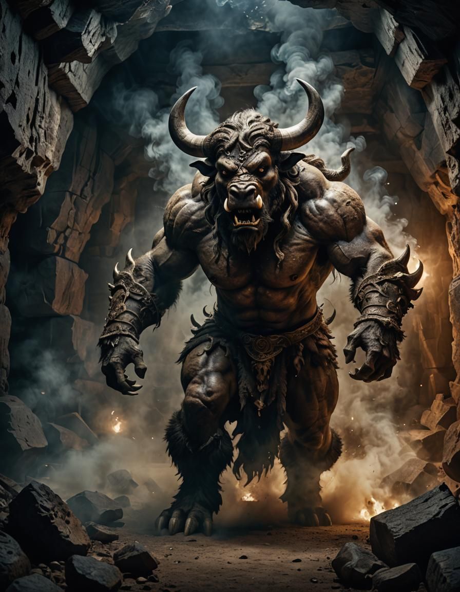 Menacing Minotaur Emerges from Dark Cave