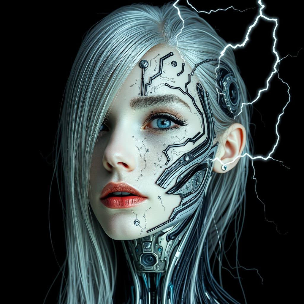 Cyberpunk Woman with Silver Circuitry and Hair