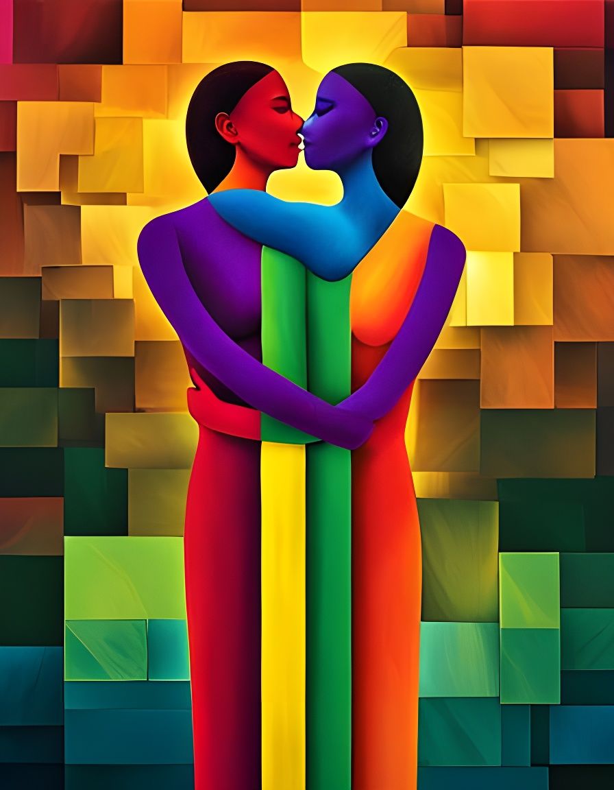 Abstract LGBT Embrace in Surreal Mixed-Media Art
