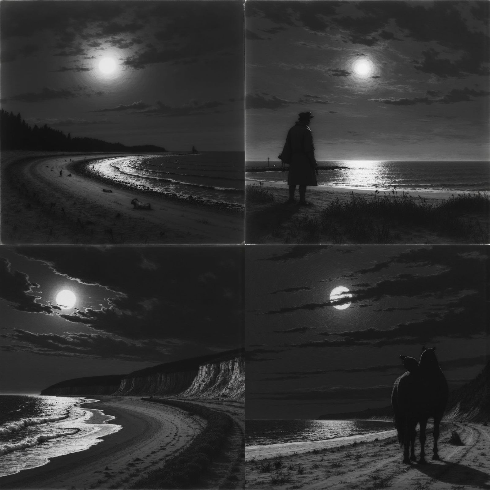 Monochrome Figures at Coastline in Film Noir Style