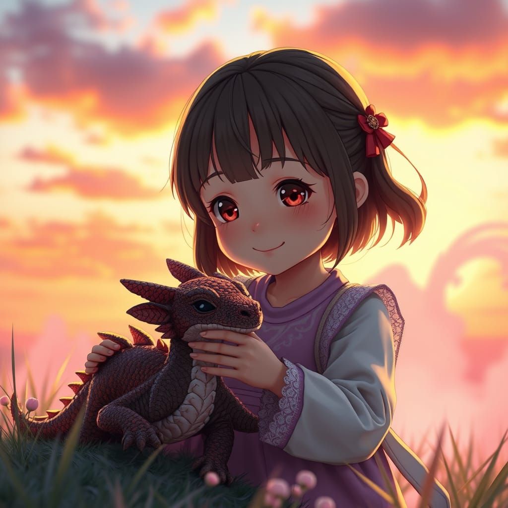 Girl Tends Pet Dragon at Sunset