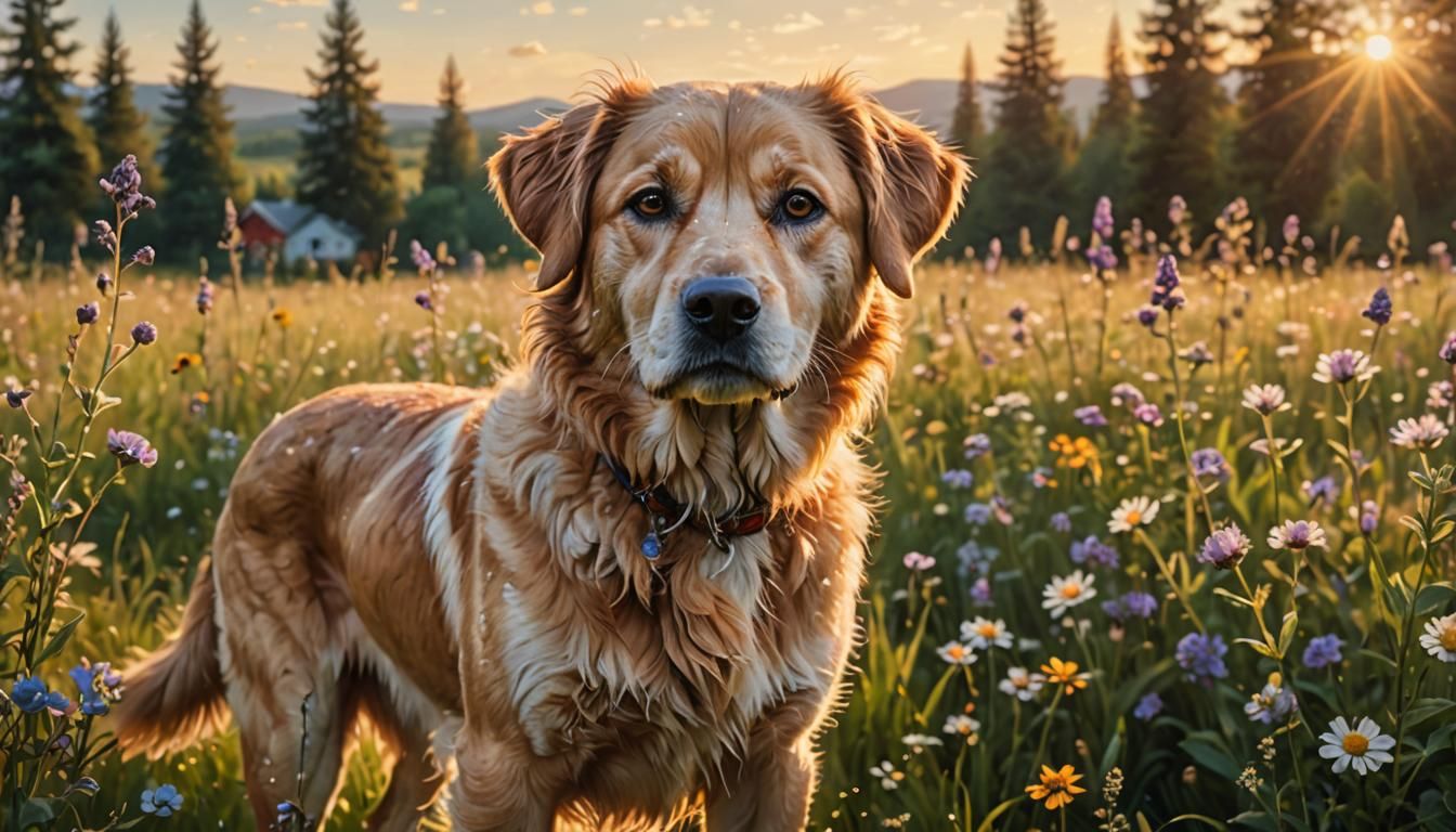 Majestic Dog in Lush Meadow: Hyper-Realistic Digital Art